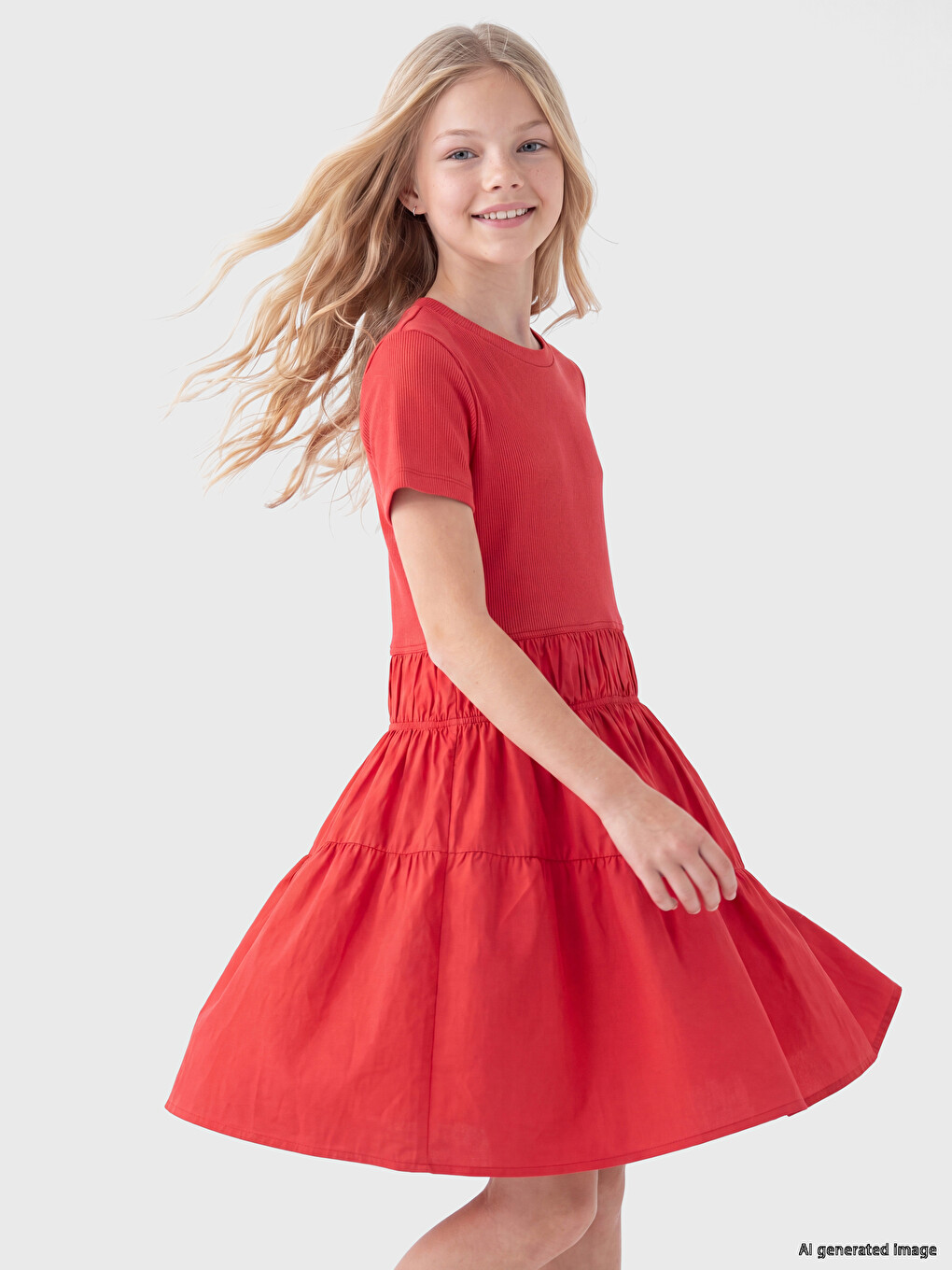 Crew Neck Ruched Girls' Dress-1