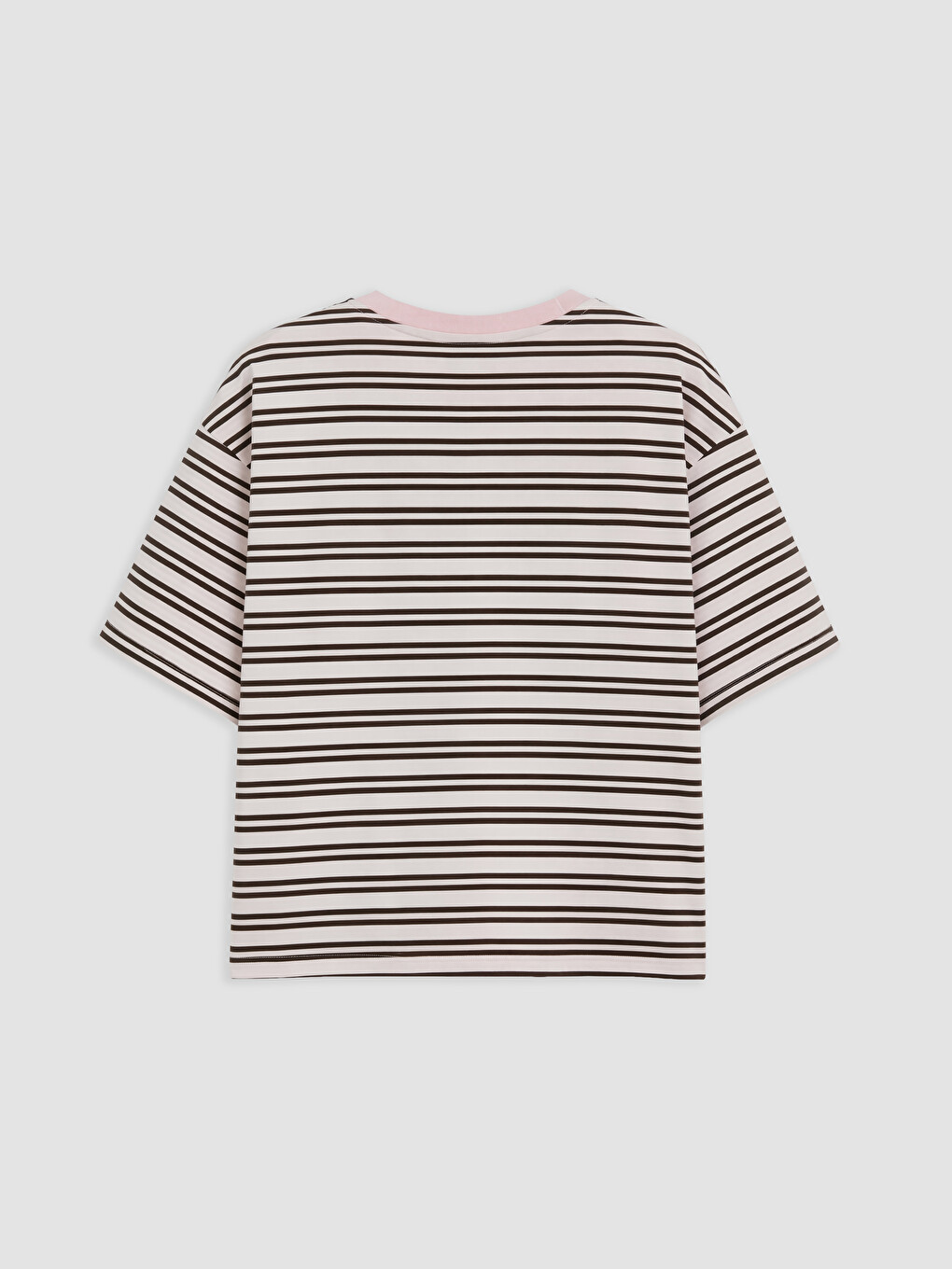 Pembe Çizgili Oversize %100 Pamuklu Kadın Tişört-1