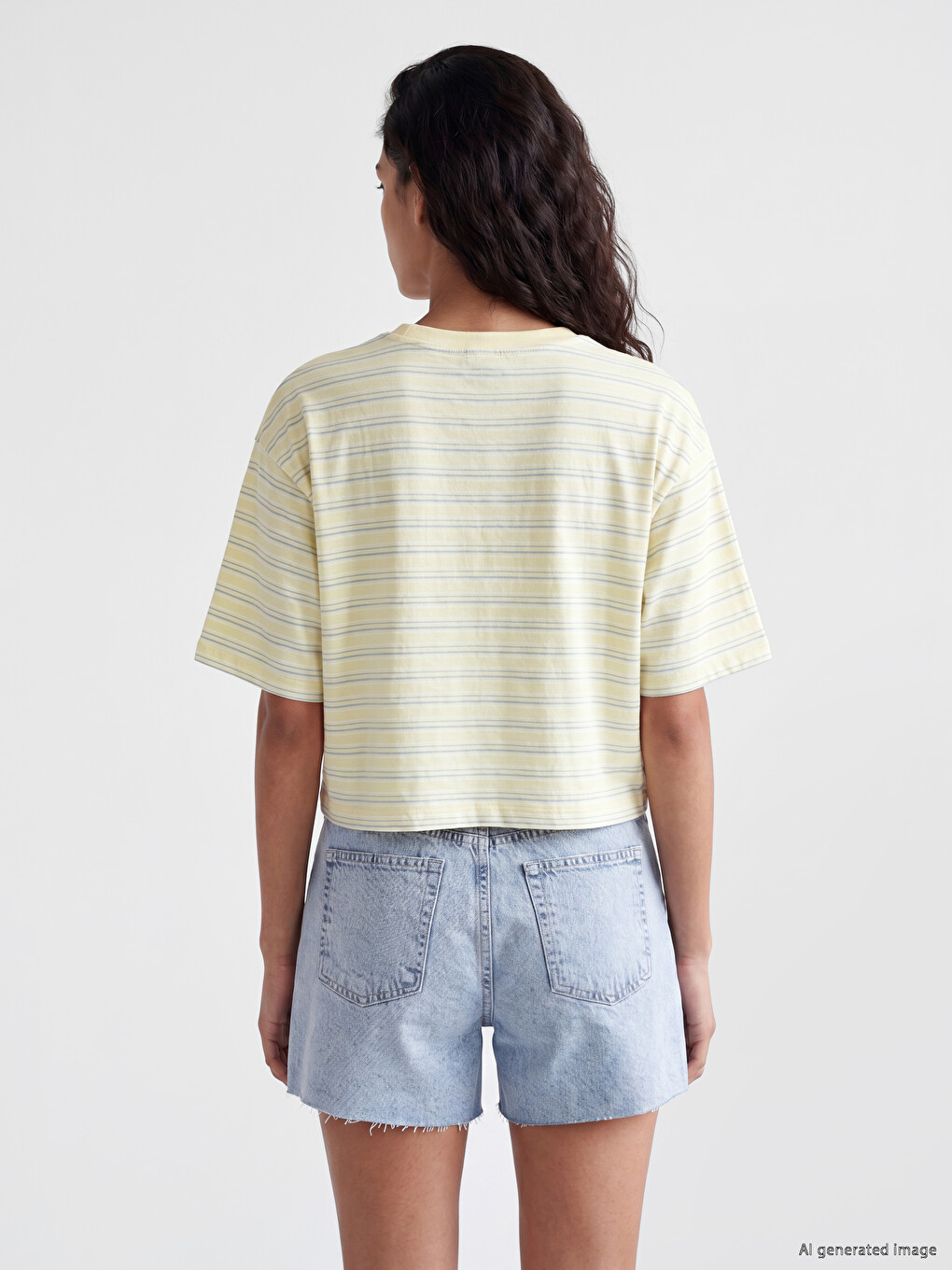 Sarı Çizgili Oversize %100 Pamuklu Kadın Tişört-3