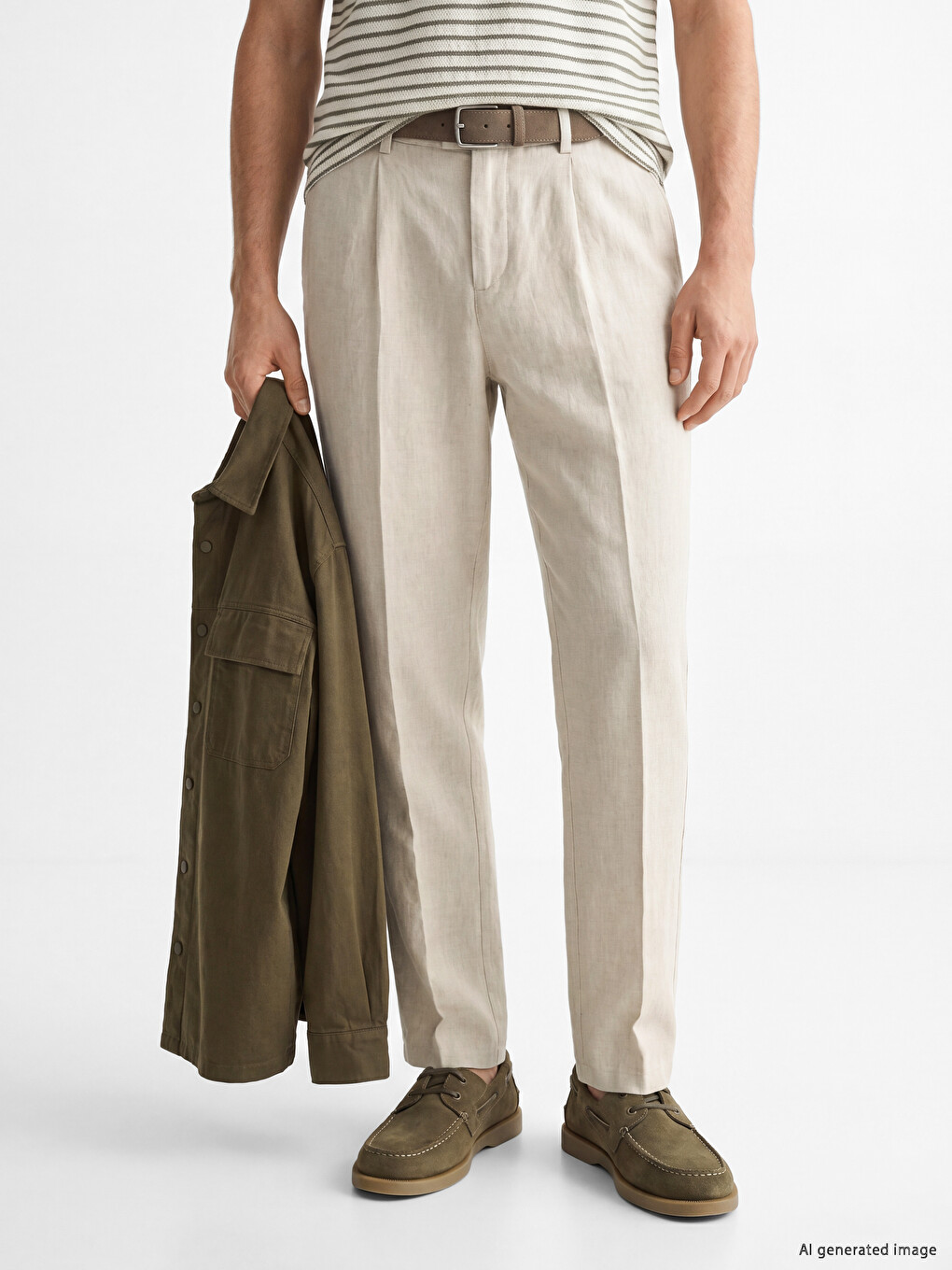 Regular Fit %100 Linen Men's Pleated Trousers-1