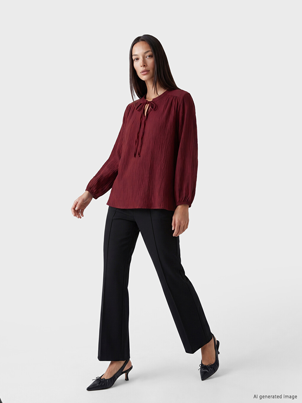 Tie Neck Gathered Textured Blouse-1