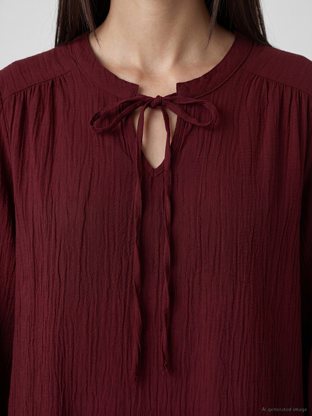 Tie Neck Gathered Textured Blouse-2