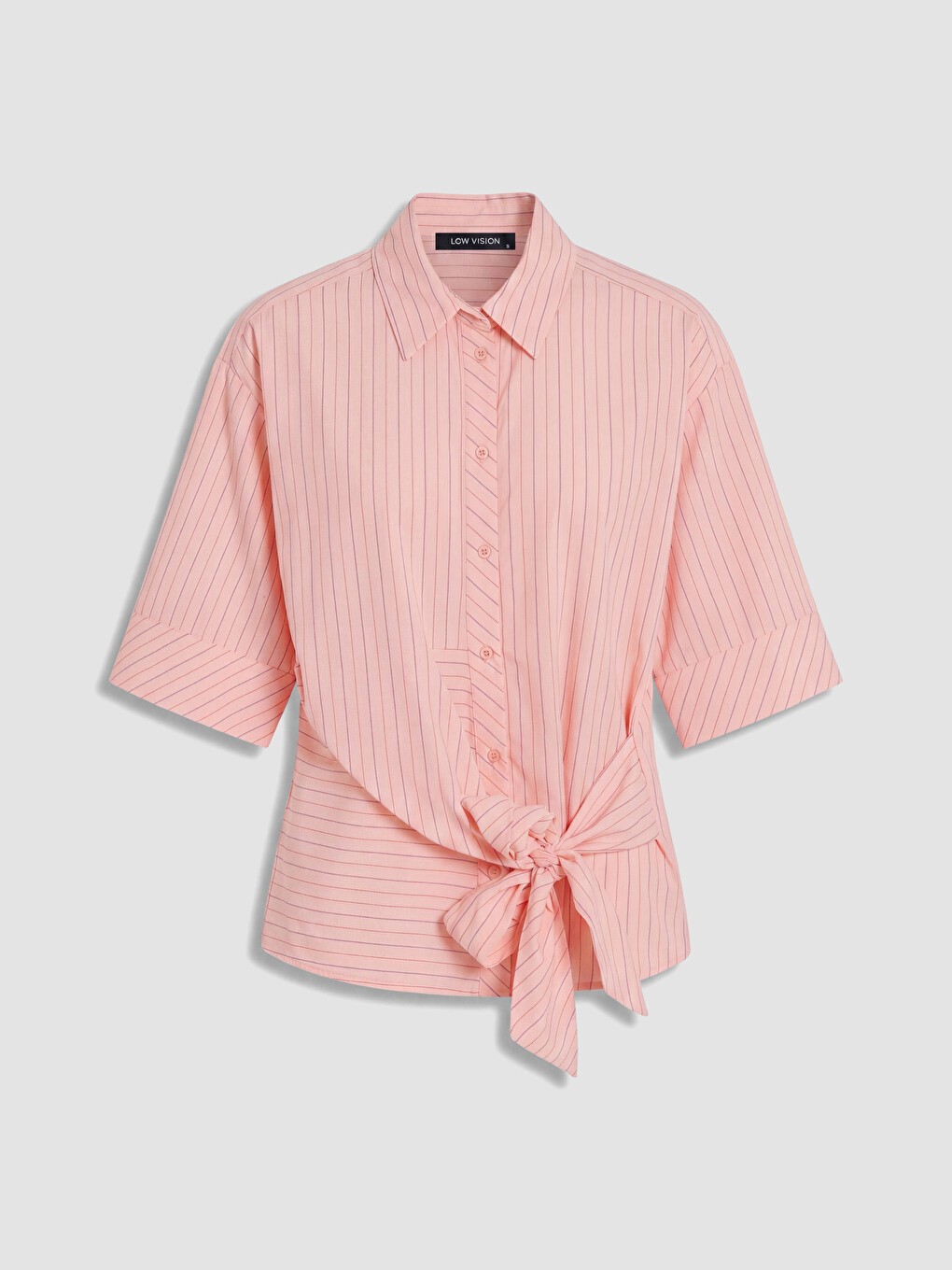 Pembe Beli Bağlamalı Çizgili Kadın Gömlek