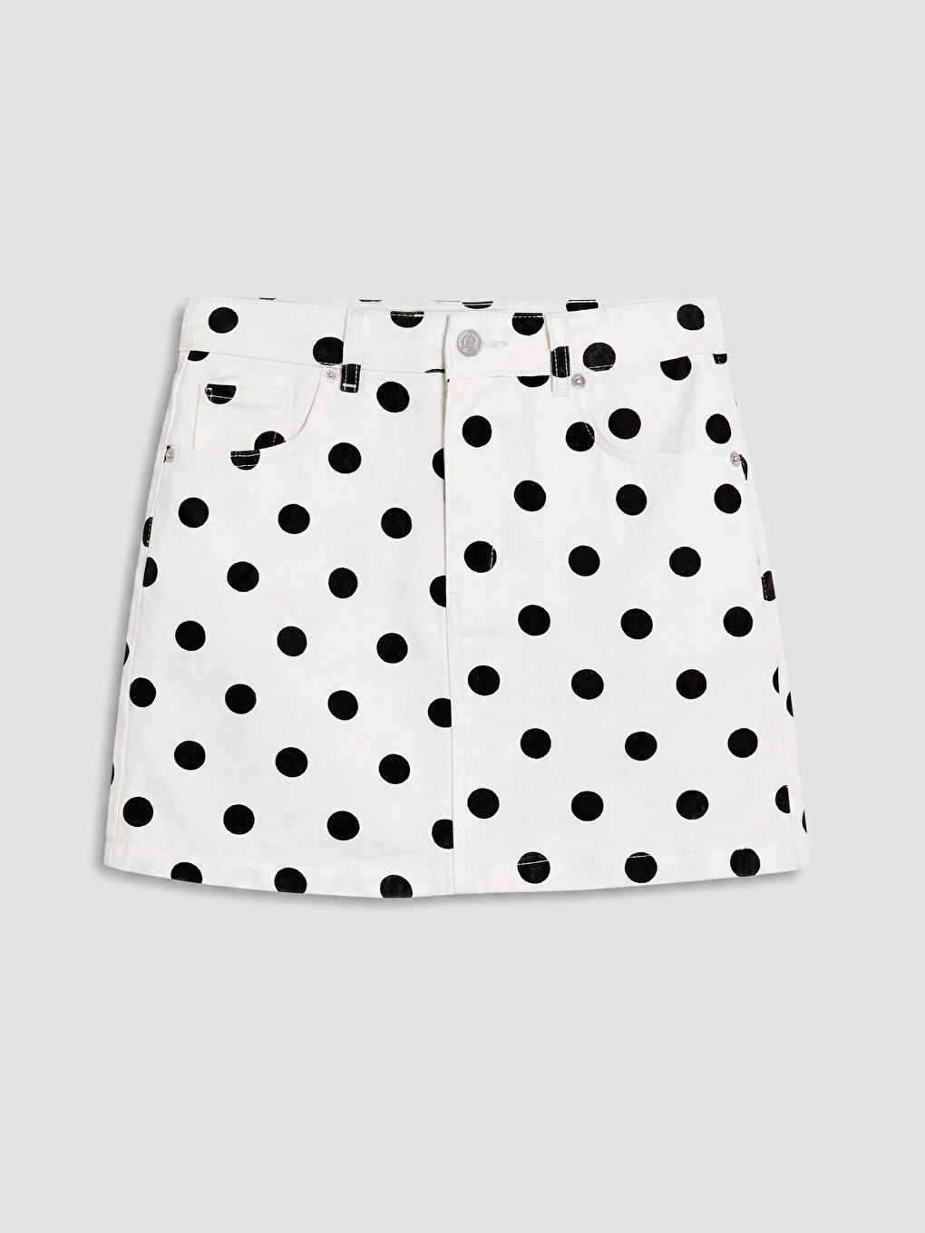 Ekru Fermuarlı Puantiyeli Mini Jean Etek
