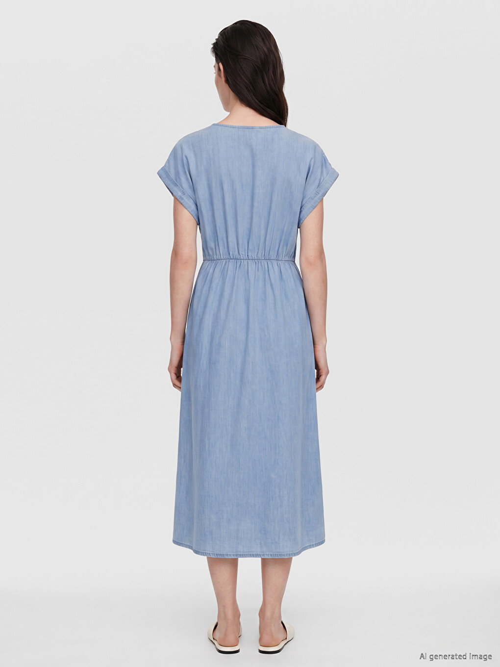 V Neck Fitted Waist Denim Dress-3