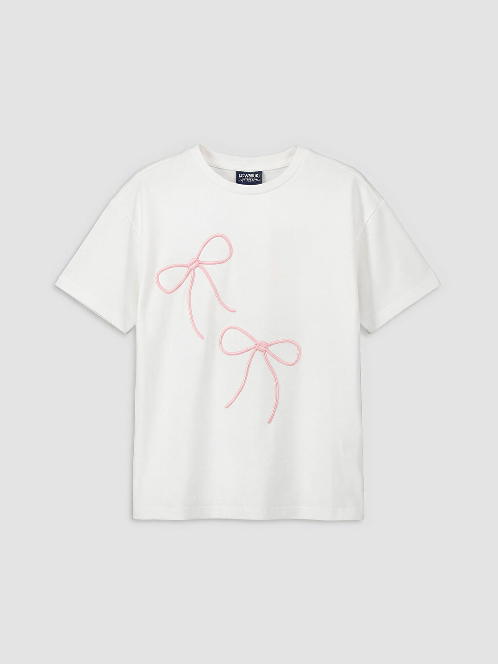 Ekru Bisiklet Yaka Fiyonk Nakışlı Kız Çocuk Tişört