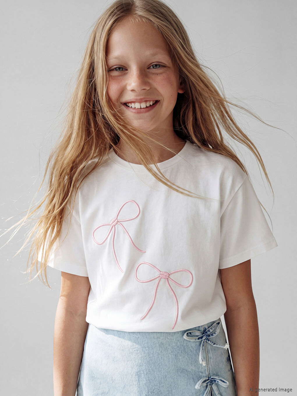 Crew Neck Bow Embroidered Girls' T-Shirt-1