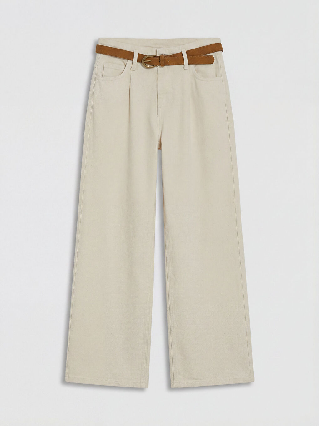 Ekru Yüksek Bel Wideleg Kadın Jean Pantolon