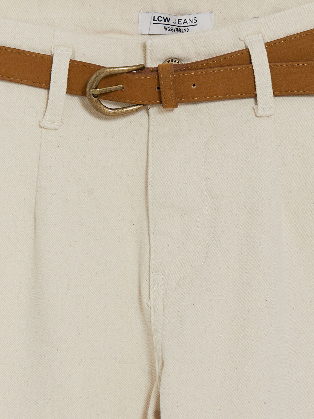 Ekru Yüksek Bel Wideleg Kadın Jean Pantolon-2