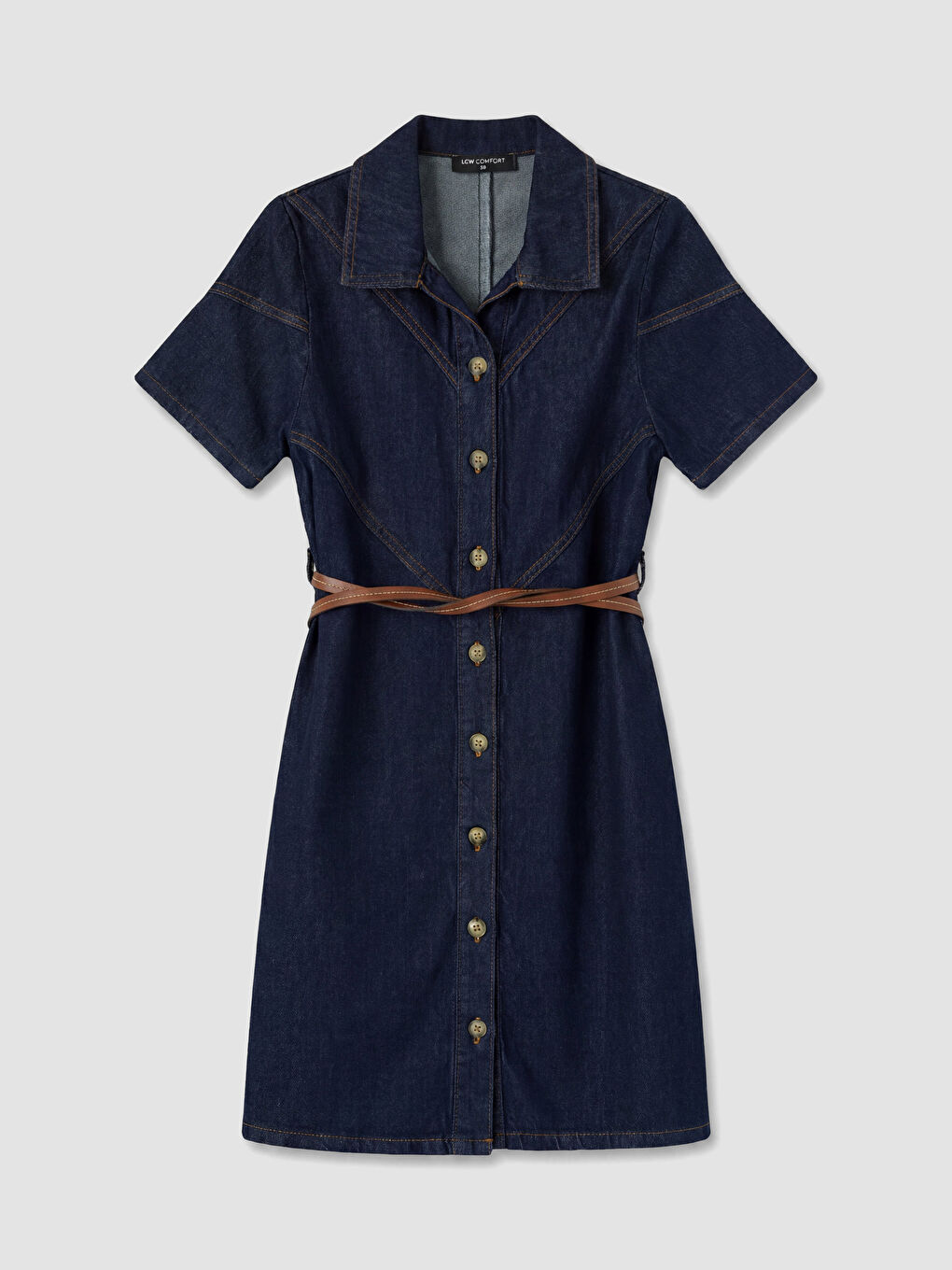 İndigo Gömlek Yaka Kemerli Mini Jean Elbise
