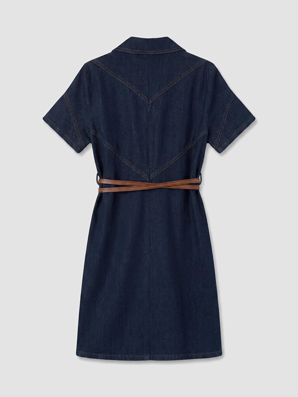 İndigo Gömlek Yaka Kemerli Mini Jean Elbise-2
