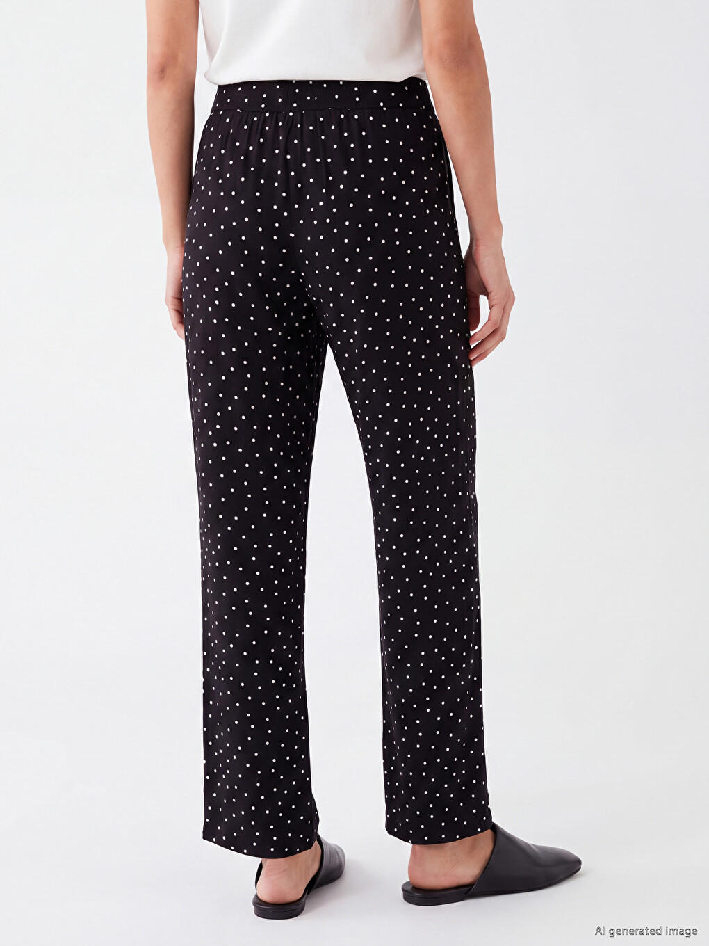 Ekru Beli Lastikli Puantiyeli Kadın Pantolon-3