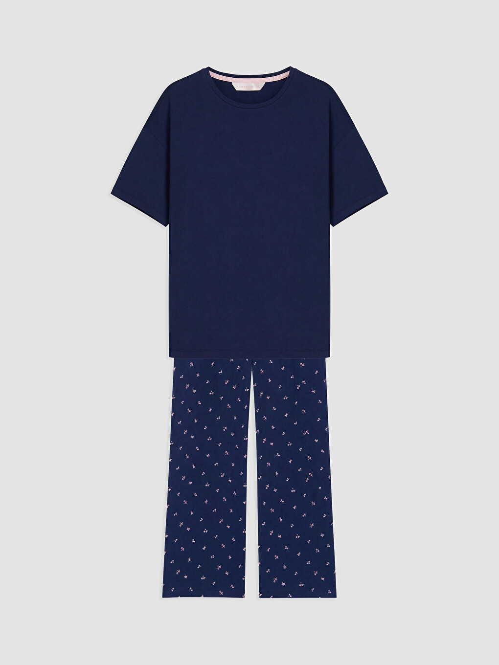 Lacivert Bisiklet Yaka Baskılı Kadın Pijama Takımı