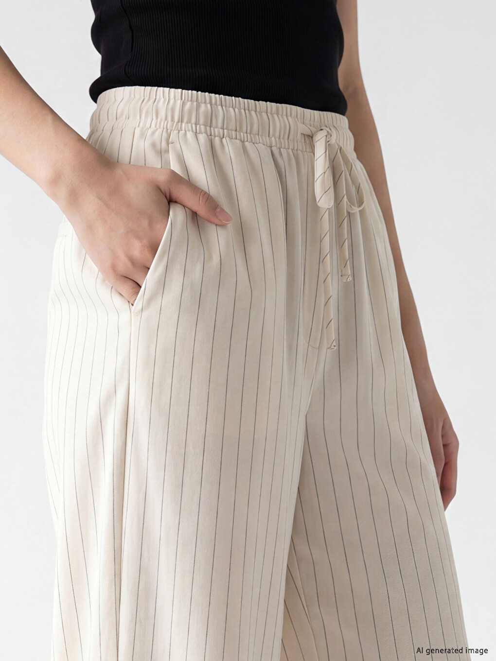 Beyaz Beli Lastikli Çizgili Kadın Pantolon-2