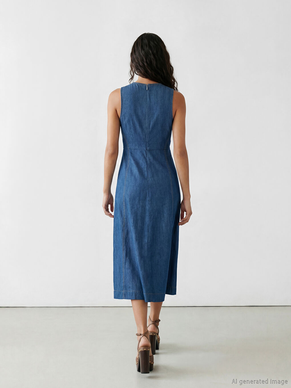 Mavi Bisiklet Yaka Belden Oturtmalı Jean Elbise-3