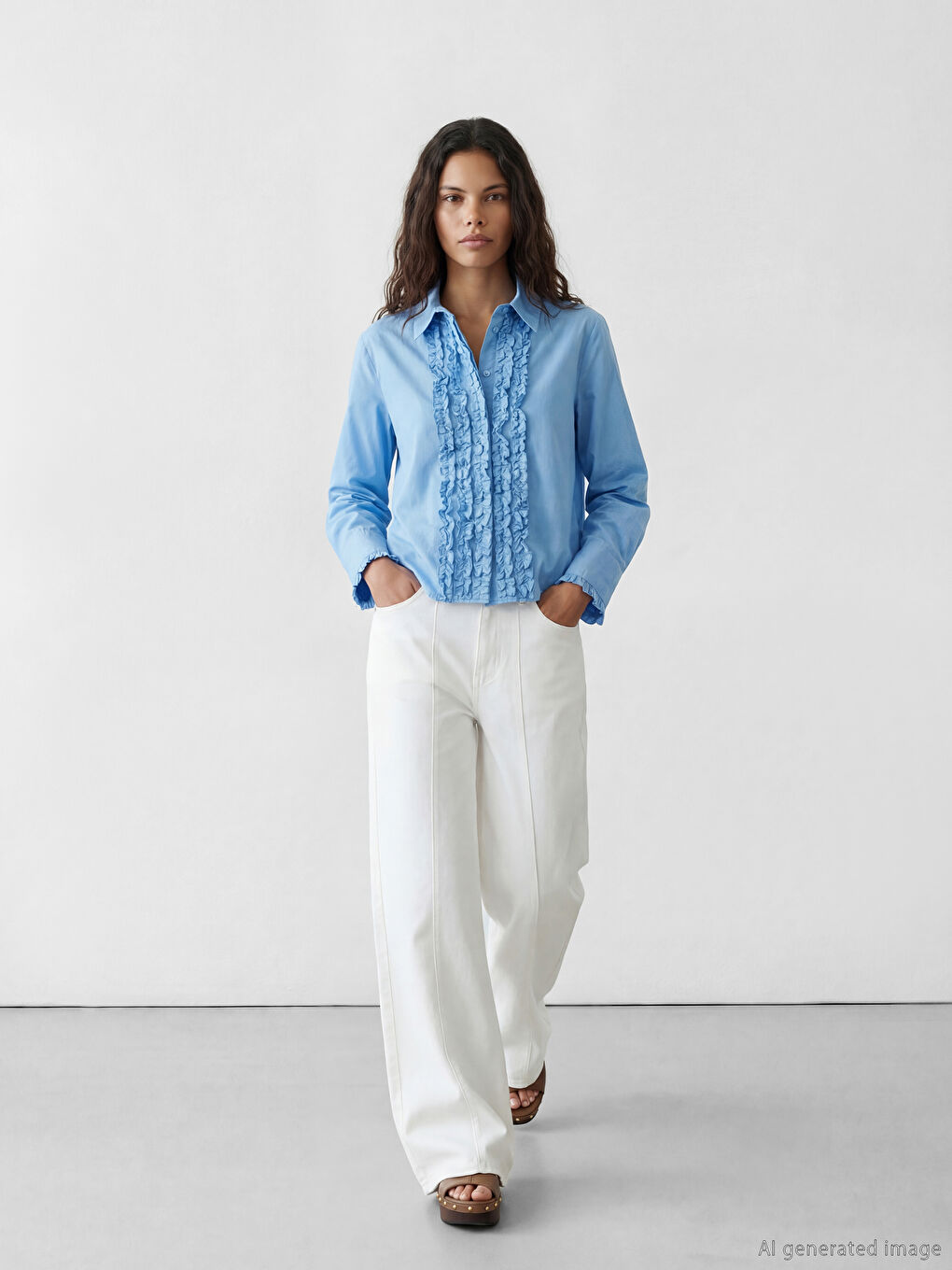 Mavi Fırfırlı Kadın Gömlek-1