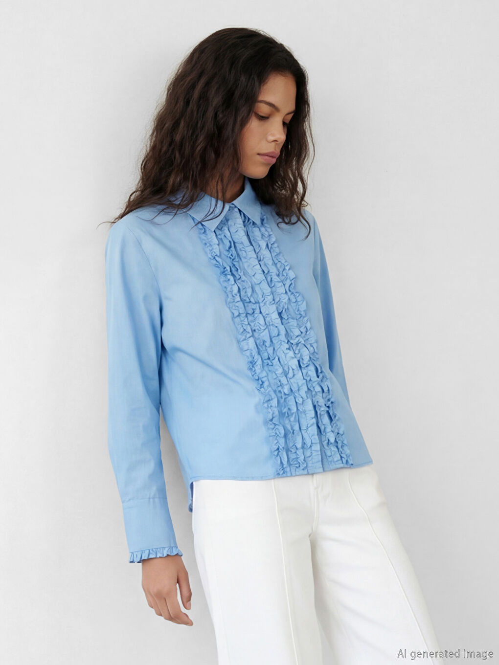 Mavi Fırfırlı Kadın Gömlek-2