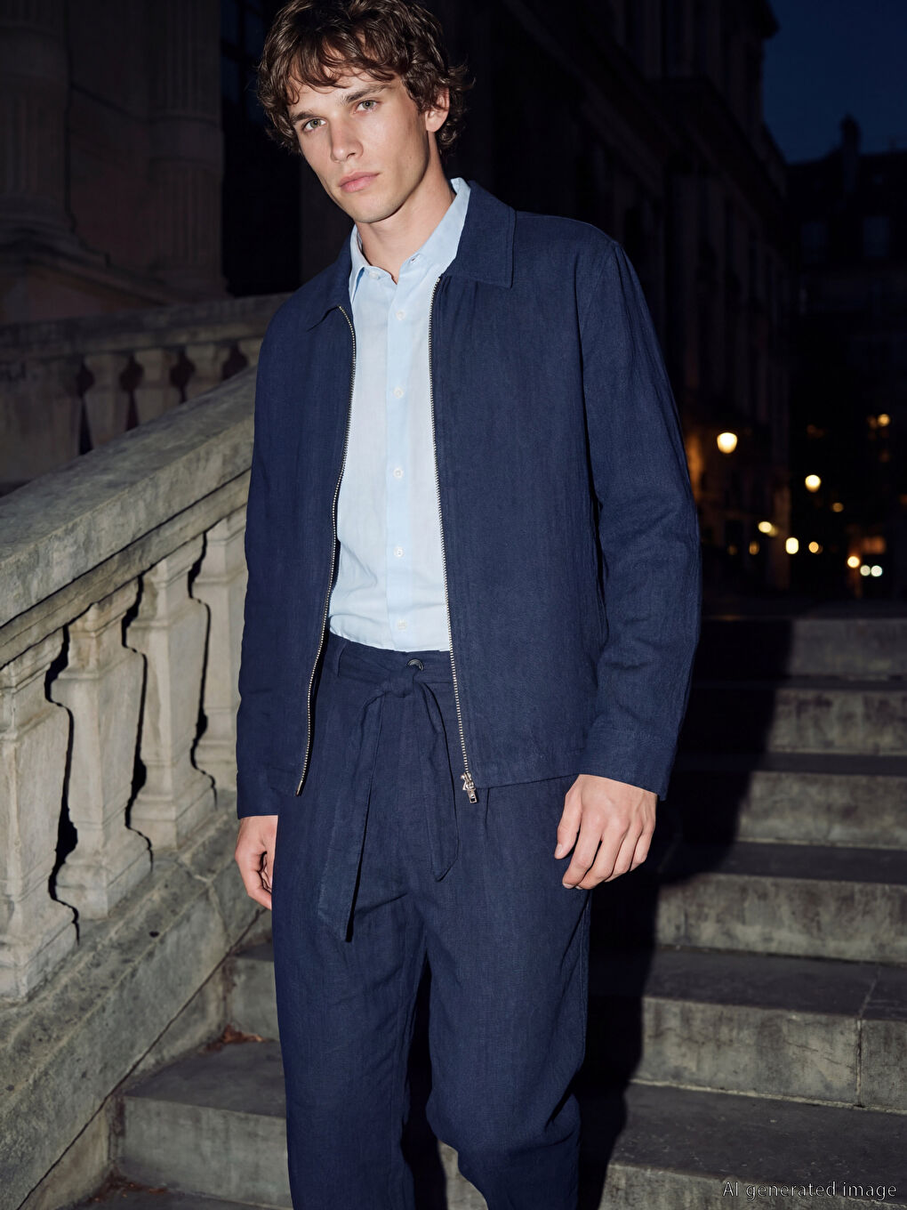 Lacivert Regular Fit Keten Görünümlü Erkek Ceket