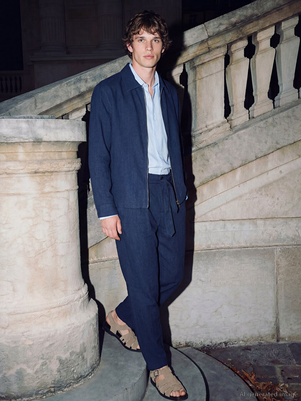 Lacivert Regular Fit Keten Görünümlü Erkek Ceket-1