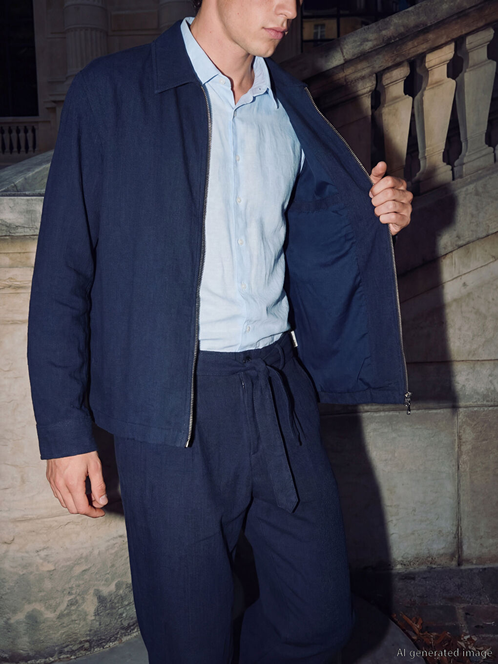 Lacivert Regular Fit Keten Görünümlü Erkek Ceket-2