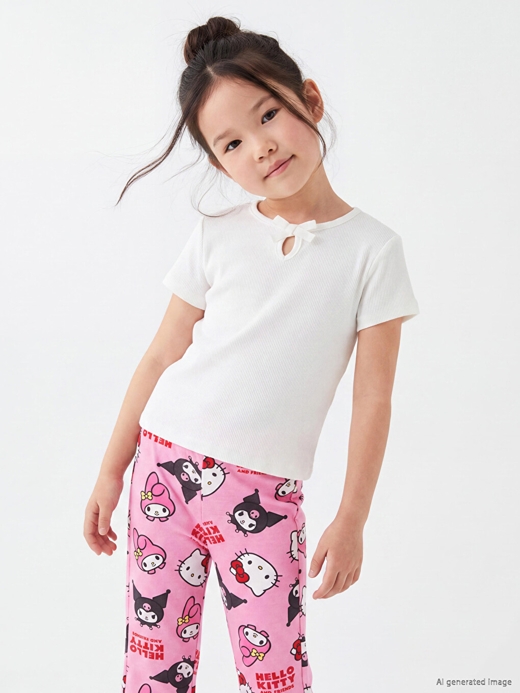 Bow Detailed Ribbed Girls' T-shirt