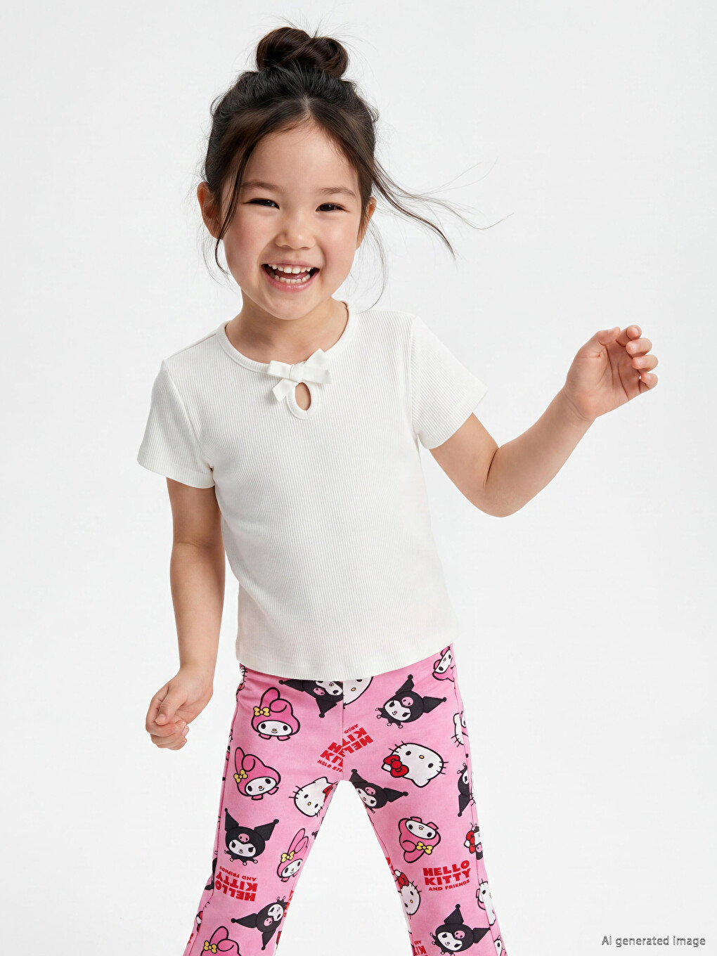 Bow Detailed Ribbed Girls' T-shirt-1