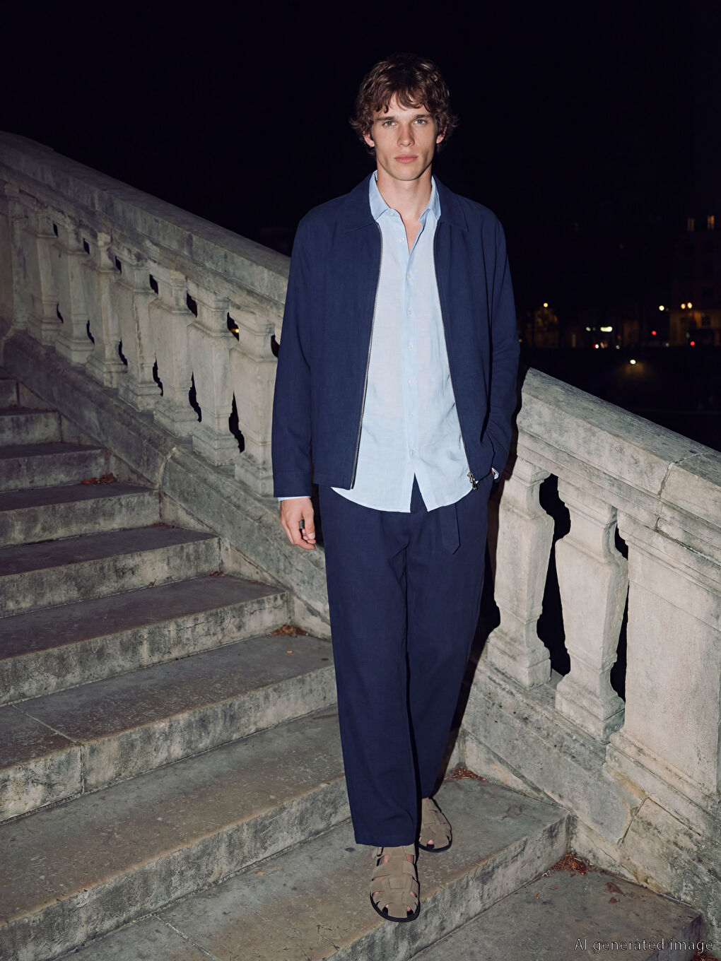 Lacivert Regular Fit Keten Görünümlü Kuşaklı Erkek Pantolon