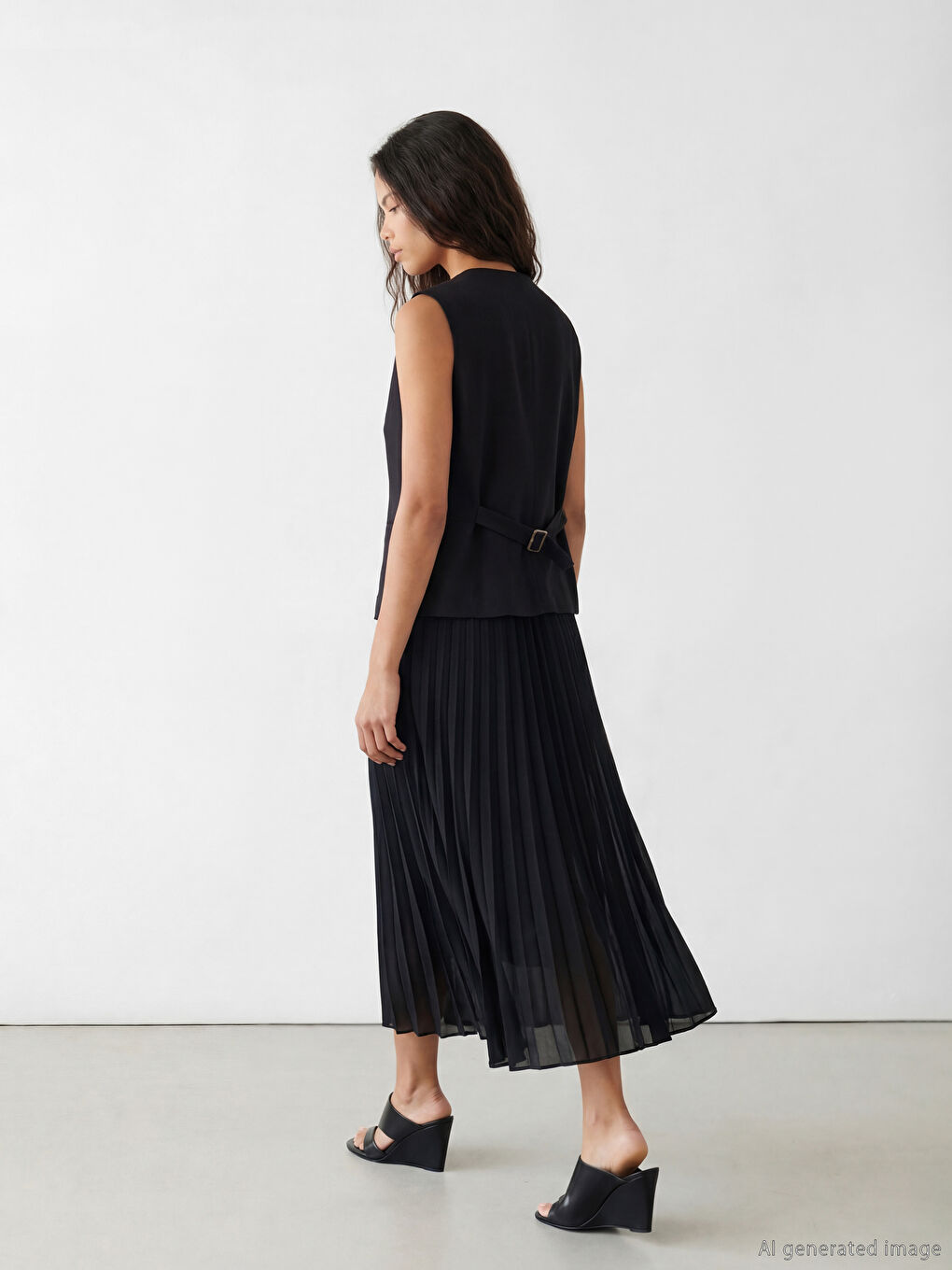 Siyah Yelek Görünümlü Pileli Elbise-2