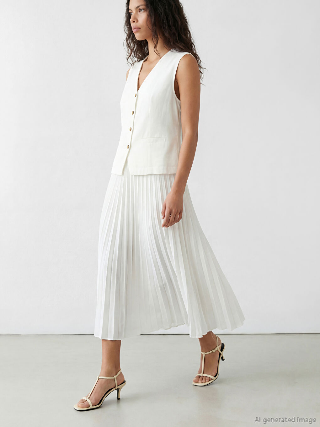 Beyaz Yelek Görünümlü Pileli Elbise-1