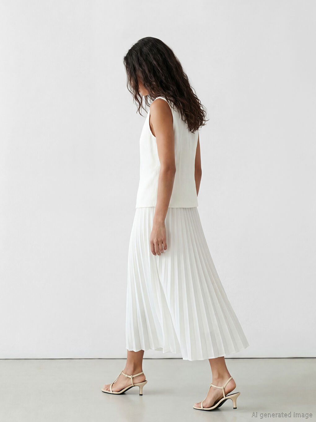 Beyaz Yelek Görünümlü Pileli Elbise-2