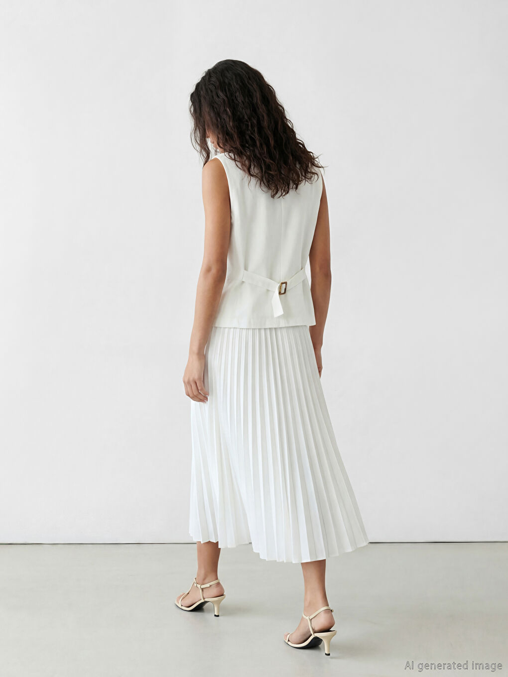 Beyaz Yelek Görünümlü Pileli Elbise-3