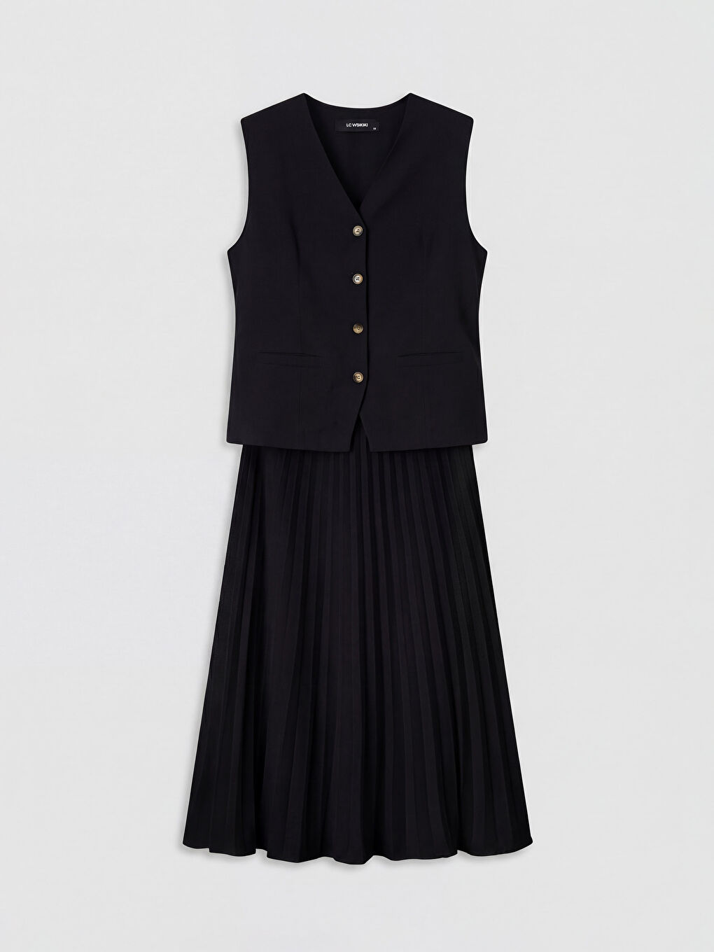 Siyah Yelek Görünümlü Pileli Elbise-3