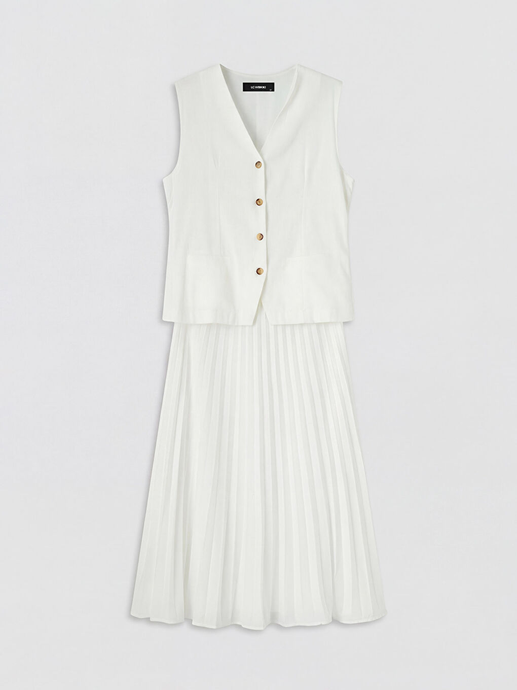 Beyaz Yelek Görünümlü Pileli Elbise-4