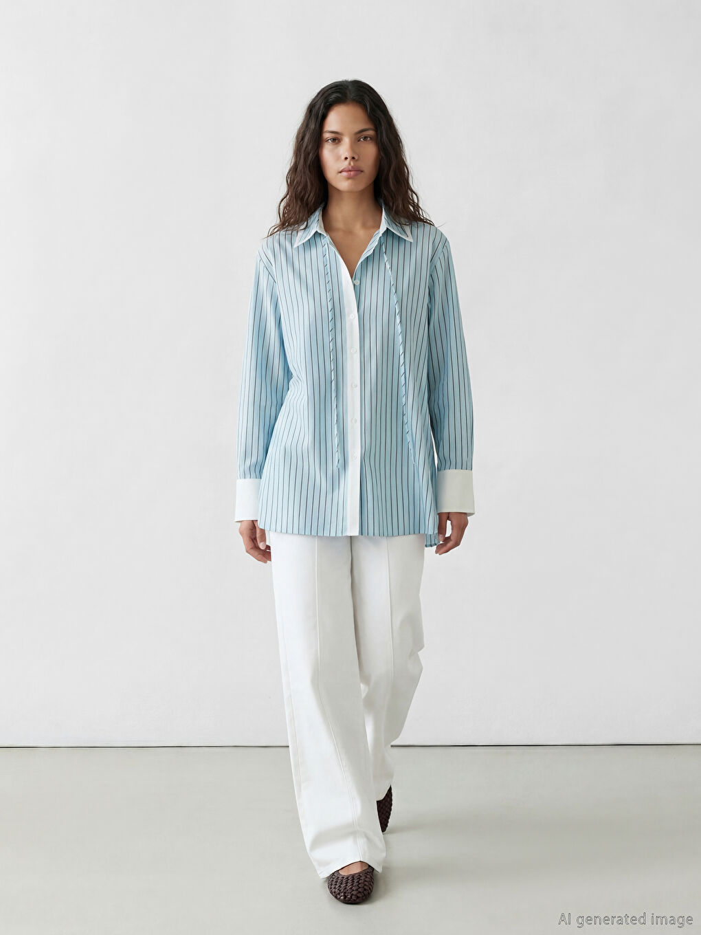 Mavi Bağlamalı Çizgili Kadın Gömlek-1