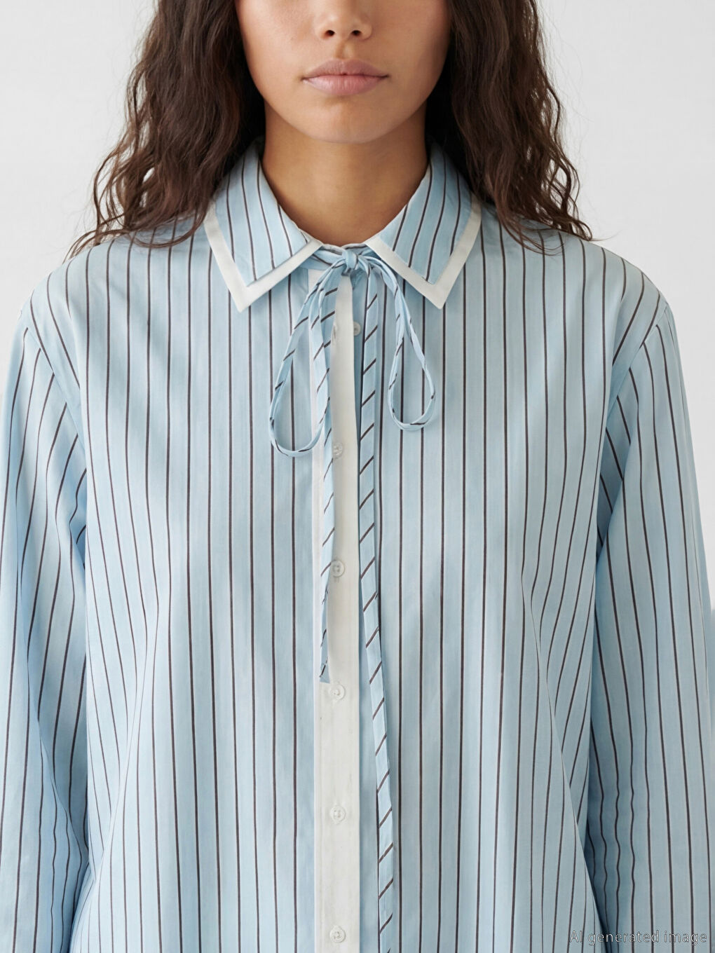 Mavi Bağlamalı Çizgili Kadın Gömlek-2