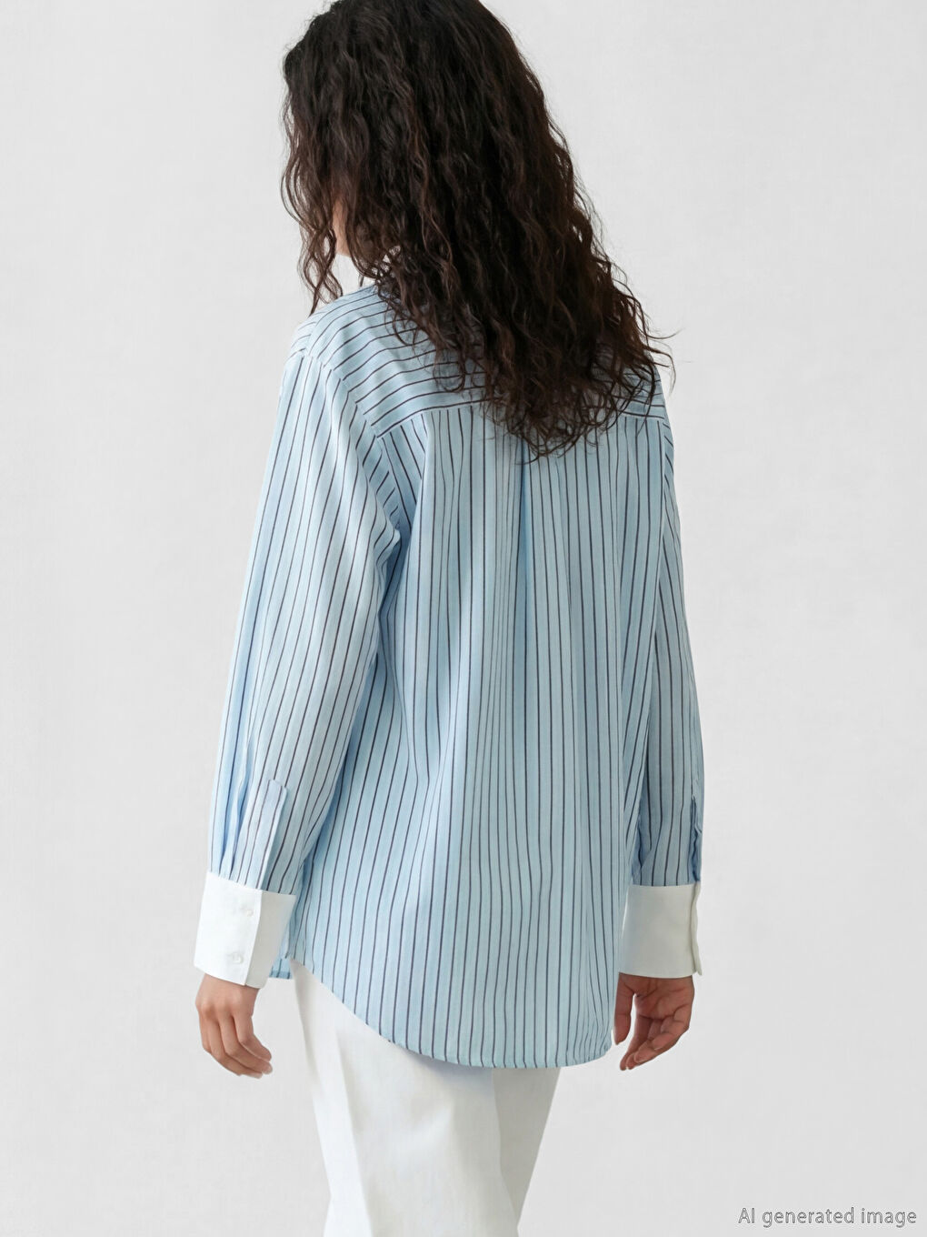 Mavi Bağlamalı Çizgili Kadın Gömlek-3