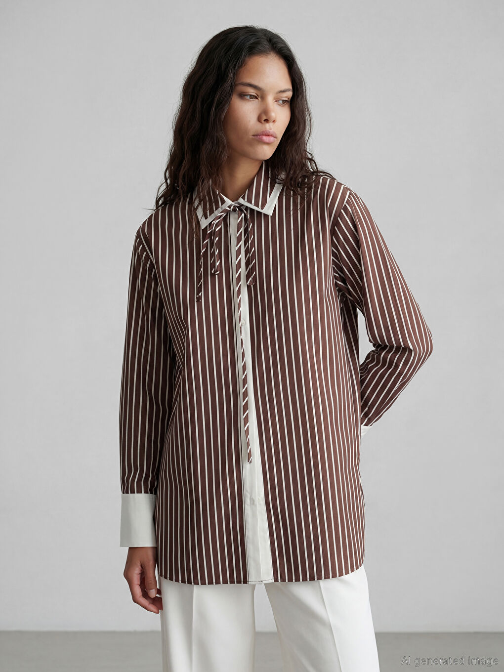 Kahverengi Bağlamalı Çizgili Kadın Gömlek
