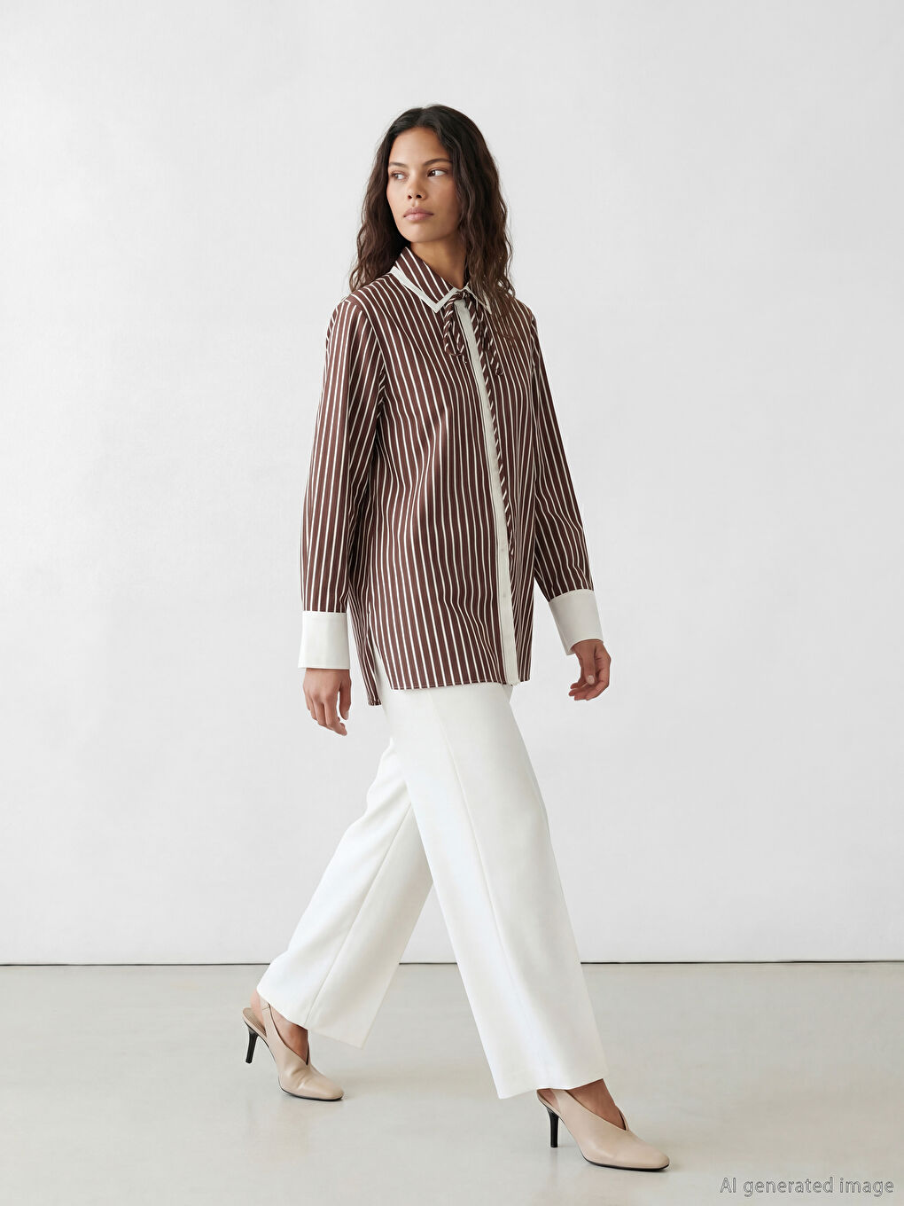 Kahverengi Bağlamalı Çizgili Kadın Gömlek-1