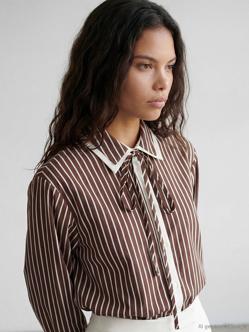 Kahverengi Bağlamalı Çizgili Kadın Gömlek-2