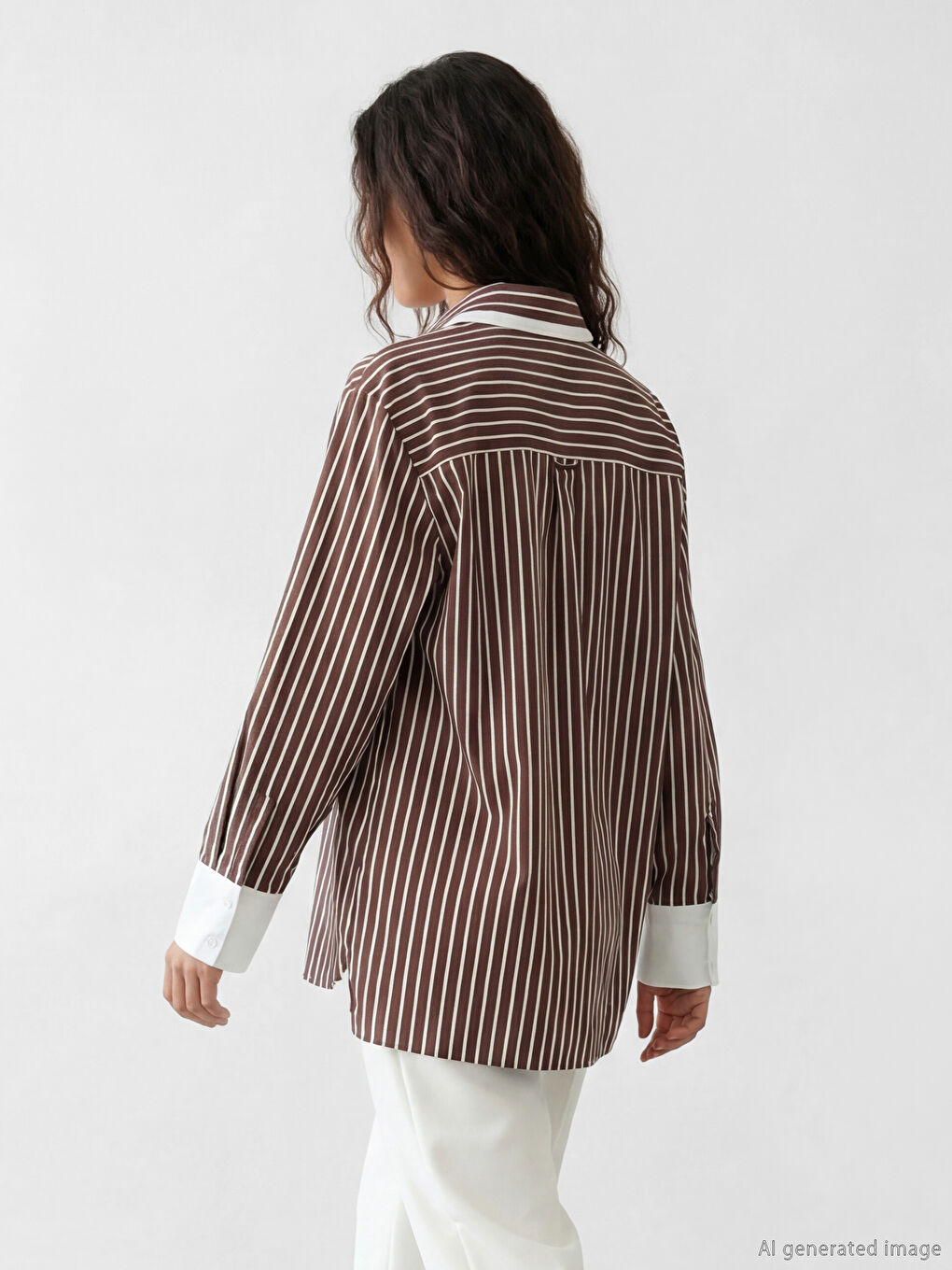 Kahverengi Bağlamalı Çizgili Kadın Gömlek-3