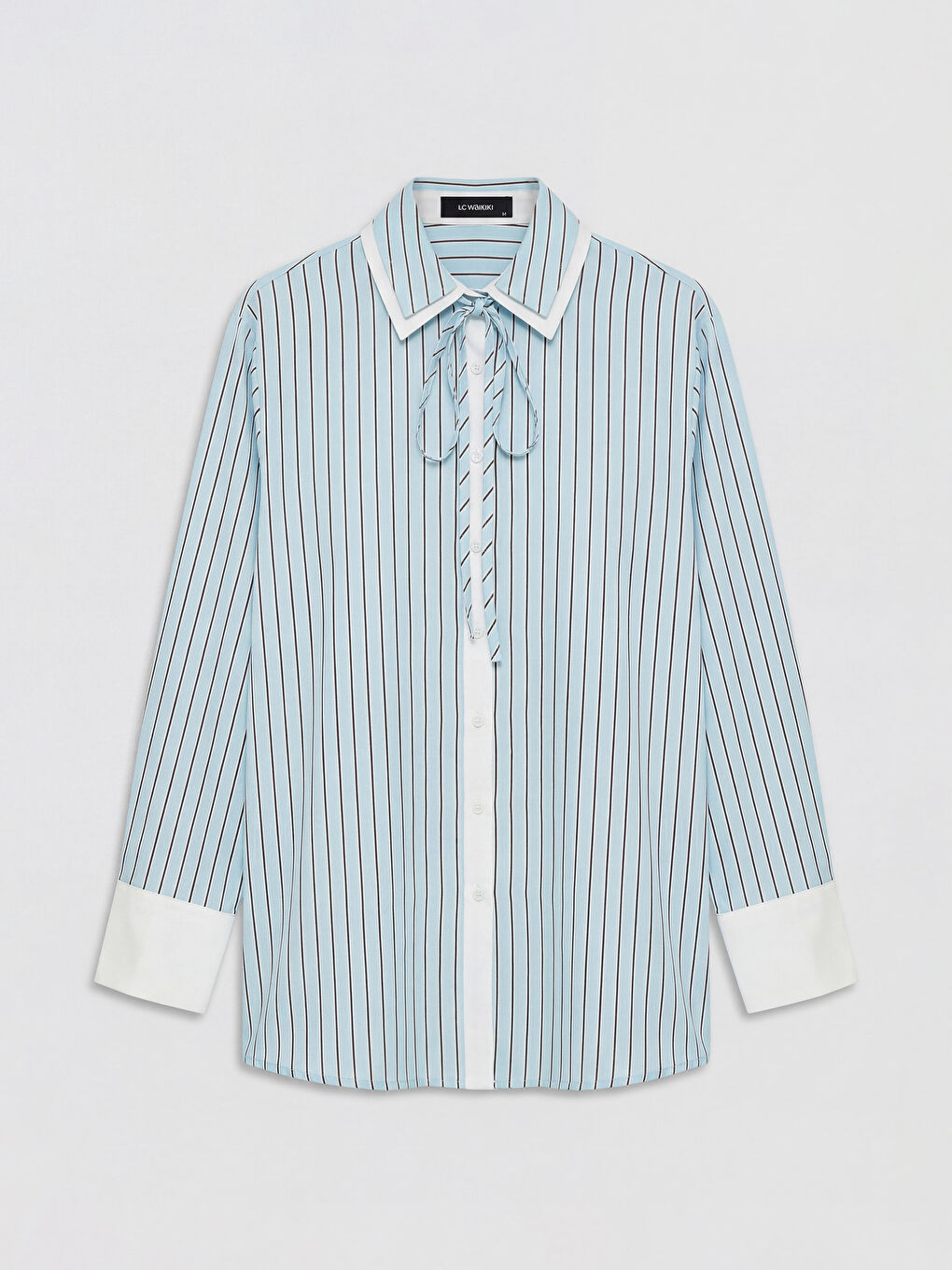 Mavi Bağlamalı Çizgili Kadın Gömlek-4