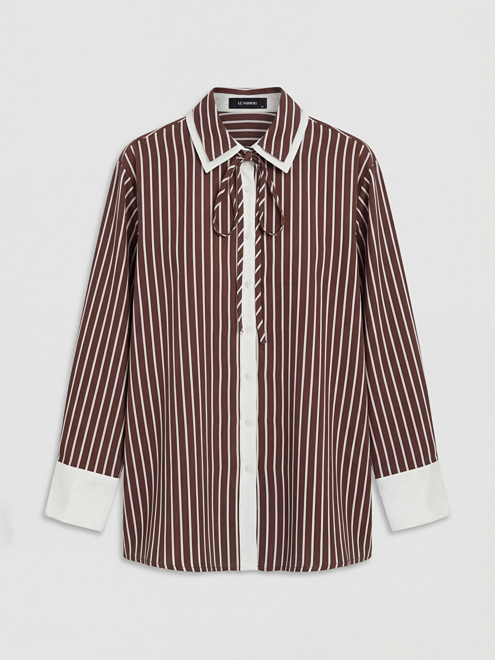 Kahverengi Bağlamalı Çizgili Kadın Gömlek-4