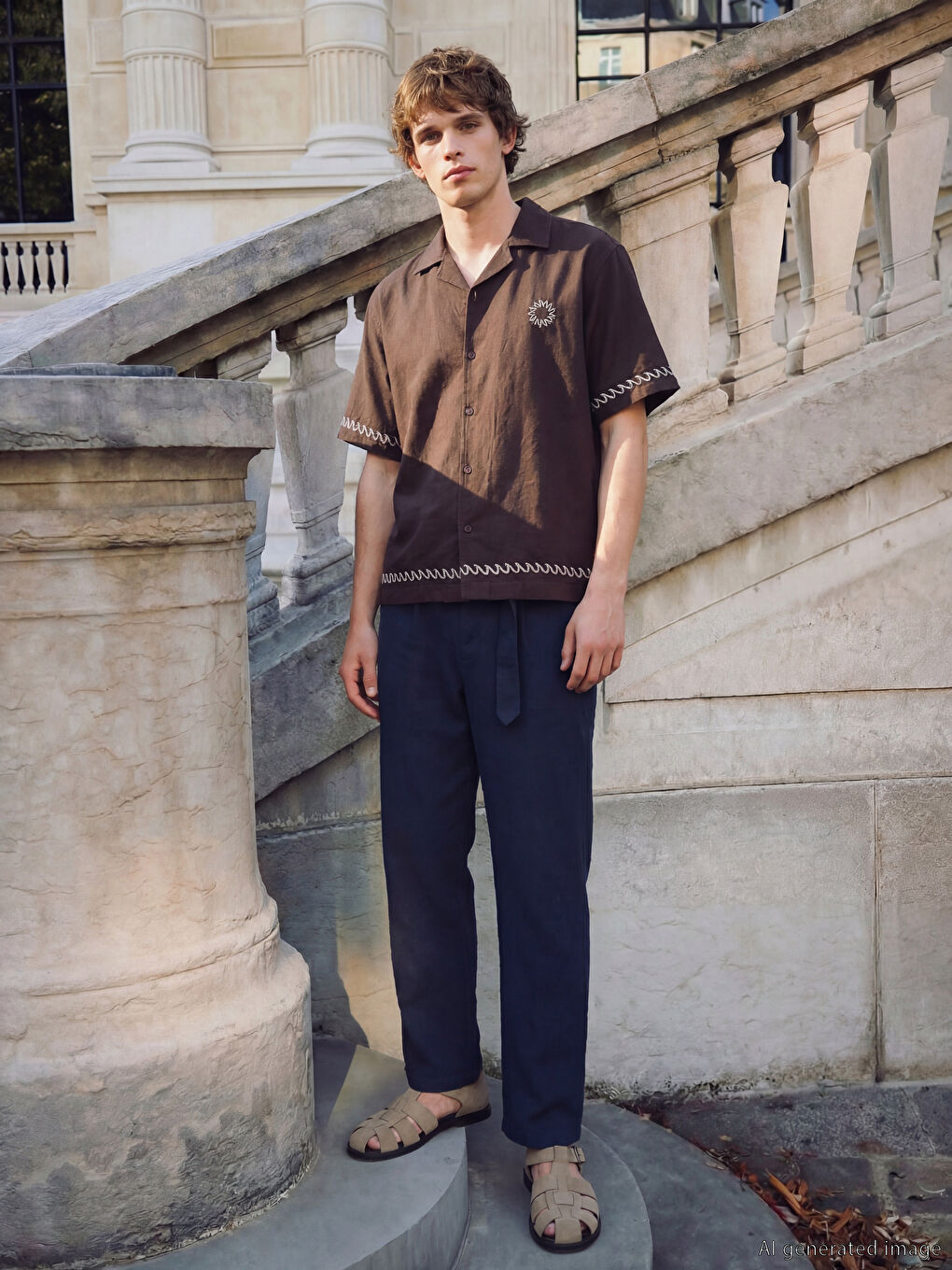 Kahverengi Loose Fit Nakışlı Erkek Gömlek-1