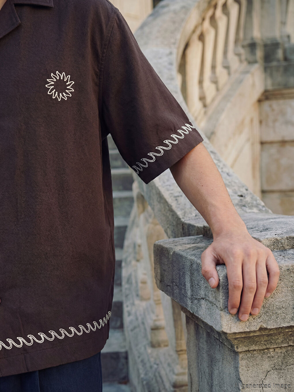 Kahverengi Loose Fit Nakışlı Erkek Gömlek-2