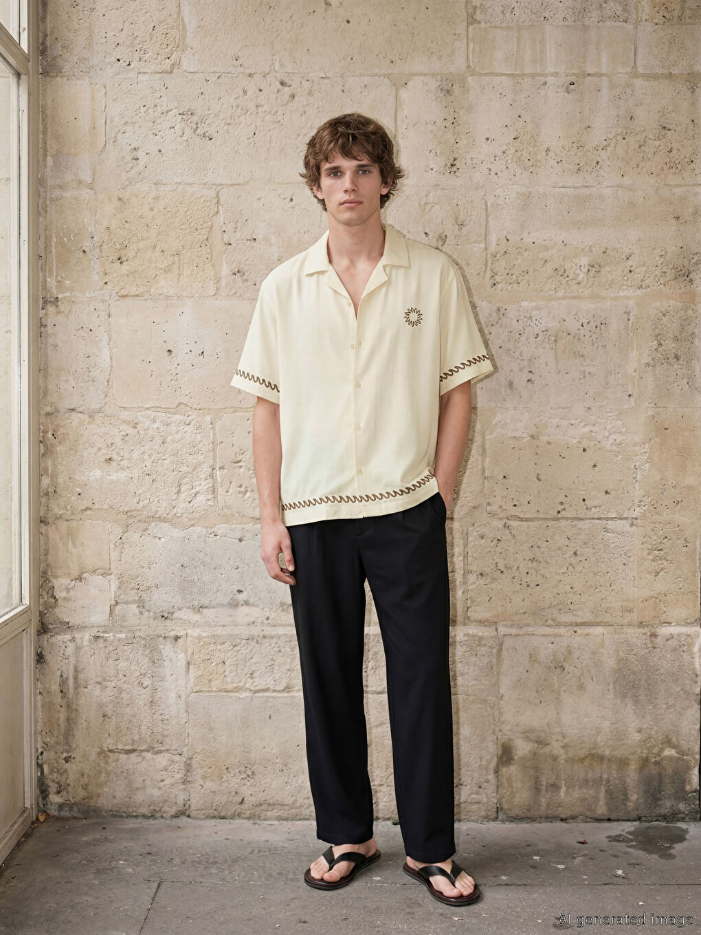 Ekru Loose Fit Nakışlı Erkek Gömlek-1