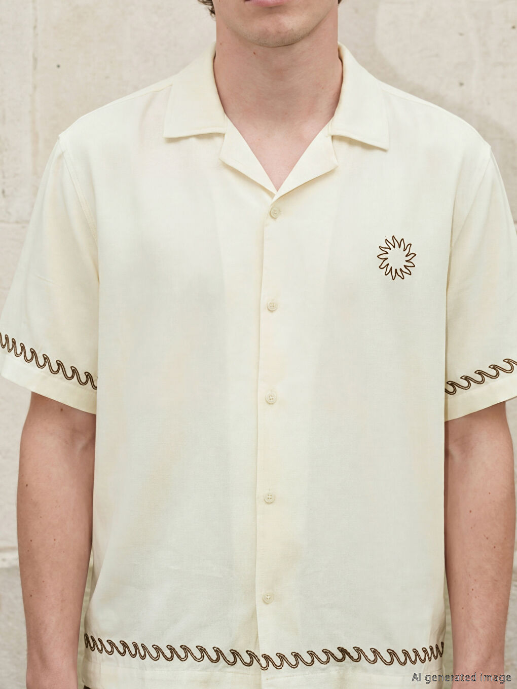 Ekru Loose Fit Nakışlı Erkek Gömlek-2