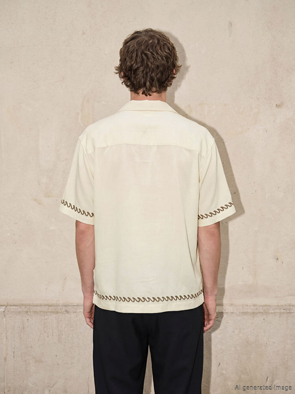 Ekru Loose Fit Nakışlı Erkek Gömlek-3