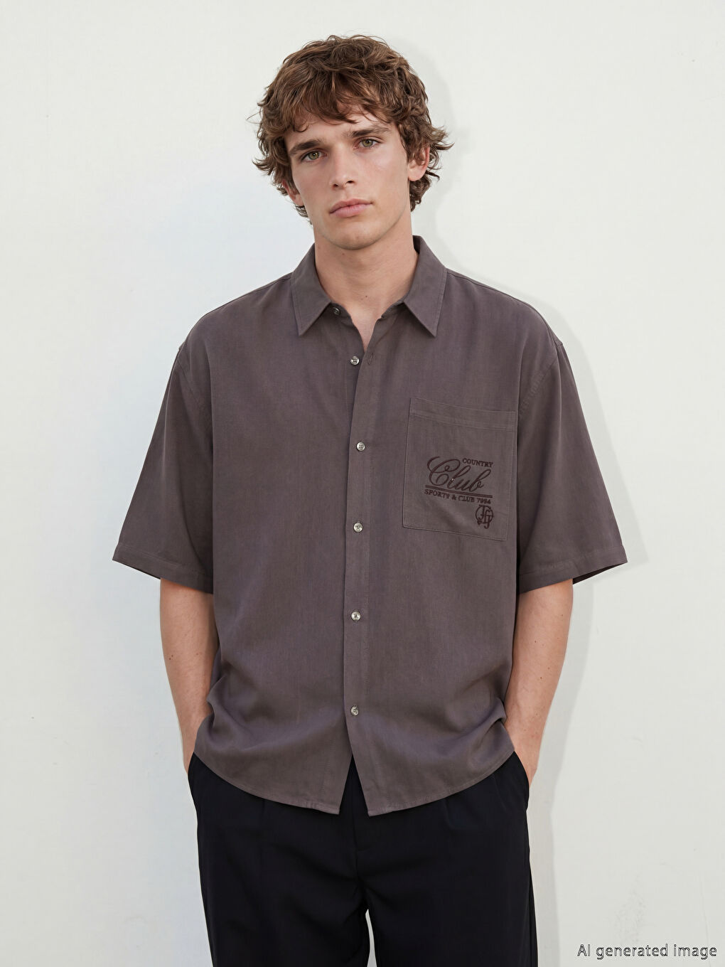 Kahverengi Loose Fit Nakışlı Erkek Gömlek