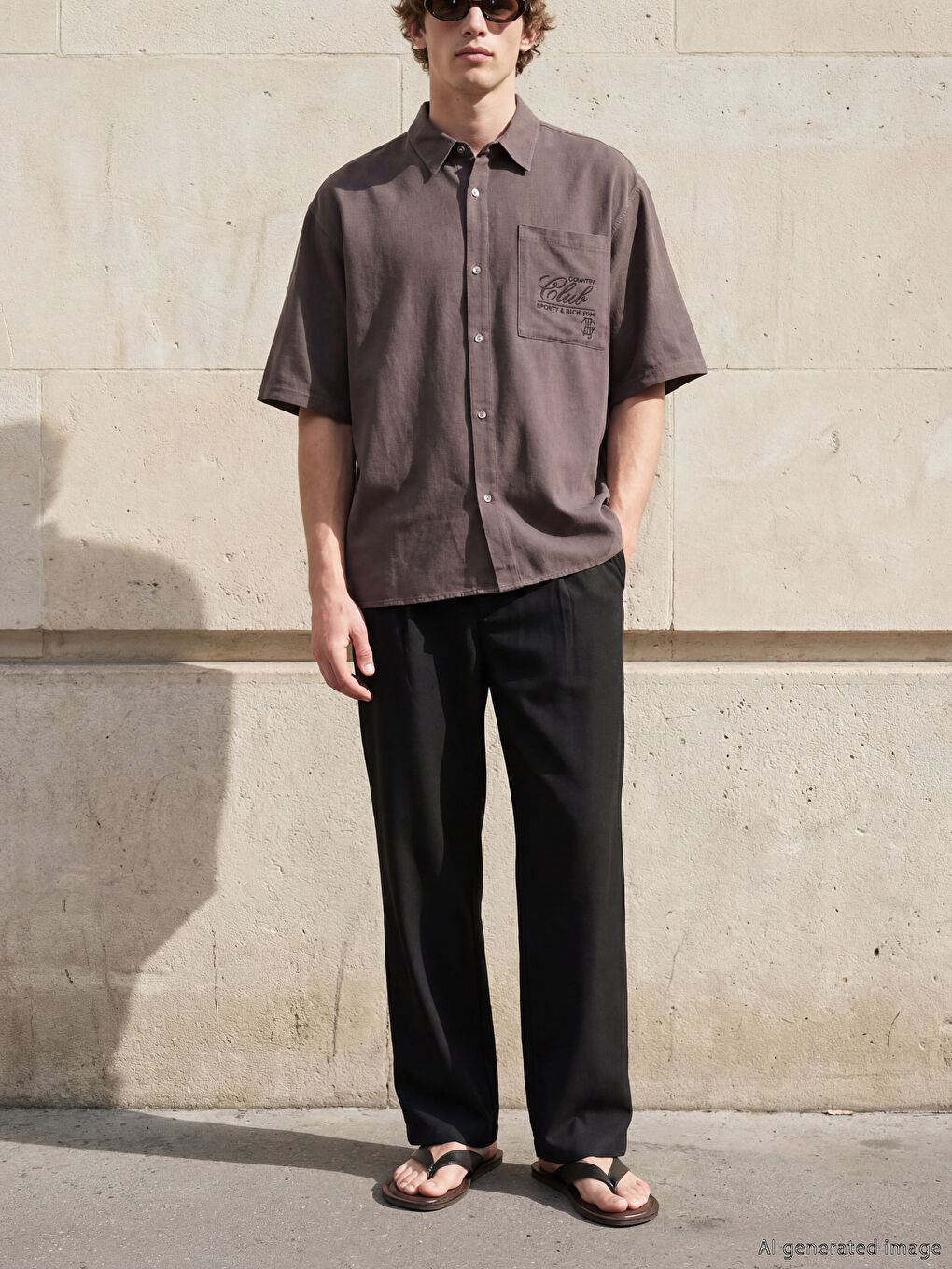 Kahverengi Loose Fit Nakışlı Erkek Gömlek-1