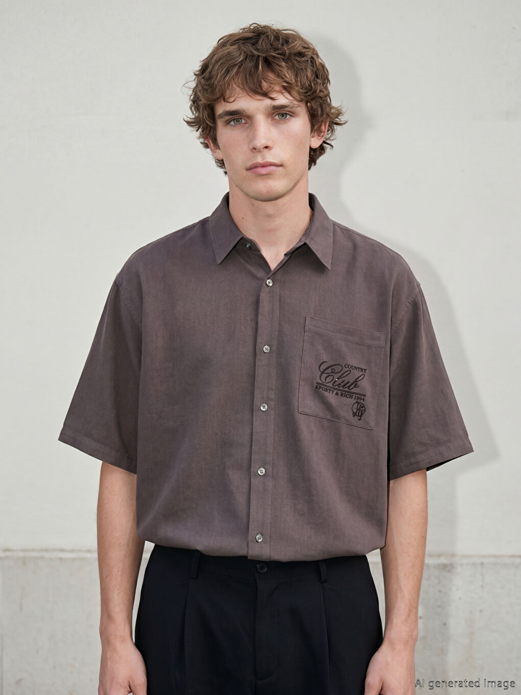 Kahverengi Loose Fit Nakışlı Erkek Gömlek-2